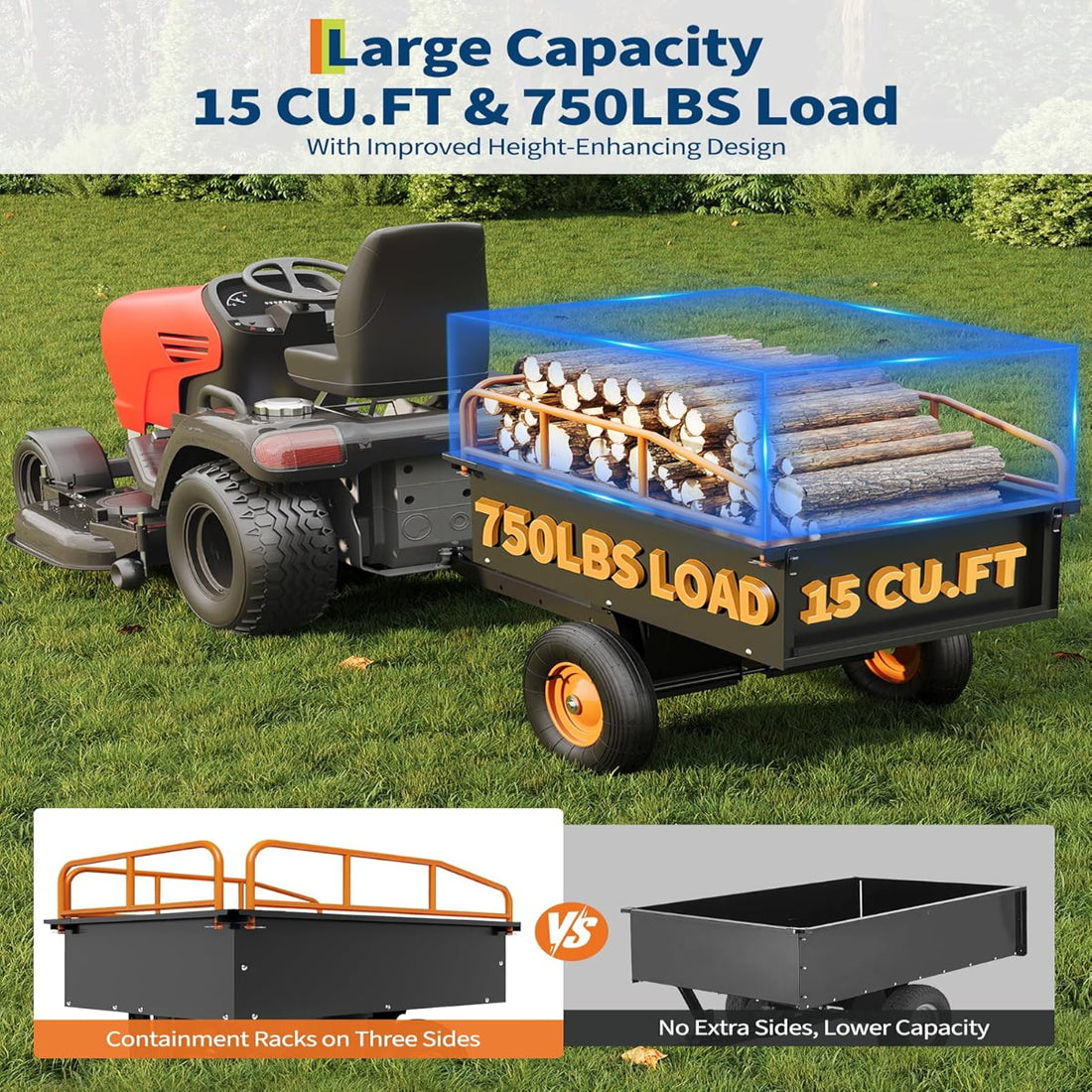 Garvee Heavy Duty ATV Trailer Steel Dump Cart 750 LBS Load 15 Cu Ft Volume Reinforced Steel Removable Sides 16" Air Tires Garden Utility