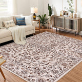 Garvee 3x5 Ft Boho Area Rugs, Ultra Thin Low Pile Floral Rug with Non Slip Backing, Camel Red for Living Room Bedroom - Red Brown