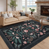 Garvee Floral 9x12 Area Rugs Washable Non Slip Vintage Floor Rugs for Living Room Bedroom Black - Black