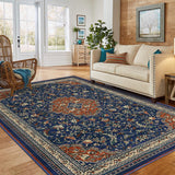 Garvee Monaco Collection Runner Rug - 2' x 3', Navy Blue & Orange, Boho Chic Medallion Distressed Design, Non-Shedding & Easy Care, Ideal for High Traffic Areas in Living Room, Bedroom - Blue