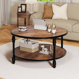 Garvee 2-Tier Coffee Table Vintage Coffee Table with Wood Grain Design Stable Coffee Table with Thickened Roman Column Metal Legs Elegant Coffee Table for Living Room (Diameter 34.5 inches) - Vintage