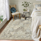 Garvee Vintage Washable Rug - Neutral Low-Pile Foldable Farmhouse Carpet for Bedroom, Living Room, Dining Room, Office, or Kids' Room - Brown & Khaki