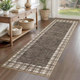 Garvee Washable Runner Rug 2x6 Modern Plaid Rug Distressed Checkered Hallway Runners Non Slip Low Pile Rugs Runner Farmhouse Floor Cover for Laundry Room Kitchen Bedroom Living Room, Brown - Brown