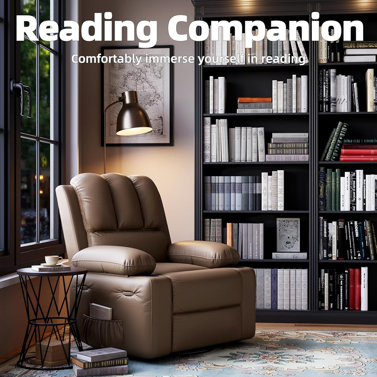 Garvee 22" Massage Recliner Chair for Adults, Lounge Recliner with Vibrating Massage, PU Leather Recliner with Cup Holders and Side Pockets, for Living Room, Bedroom, and Nursery, Tan