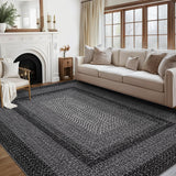 Garvee Bordered Black 5x7 Washable Rugs, Living Room Boho Throw Rug Stain Resistant Braided Print Border Large Carpet for Bedroom with Rubber Backing Low Pile Farmhouse Rustic Rug for Home Decor Office - Black