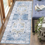 Garvee Blue 2x6 Area Rug Vintage Rug Machine Washable Rug for Bedroom Living Room Indoor Floor Cover Foldable Lightweight Thin Rug Distressed Carpet Non Slip Chenille Rug - Blue