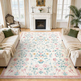 Garvee 9x12 Washable Area Rugs Soft Carpet Indoor Floor Floral Large Carpets Non Slip Pink - Pink