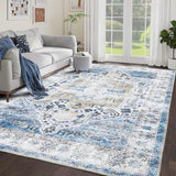 Garvee Oriental Blue 10x13 Washable Rugs Living Room Rug Non Slip Vintage Rug Stain-Resistant Indoor Carpet Low Pile Distressed Rug Non Shedding Throw Rug for Living Room Bedroom Home Decor Office - Blue