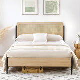 Garvee Boho Full Size Bed Frame with Natural Rattan Headboard & Solid Wood Footboard - Under Bed Storage Space, Quiet Noise-Free Design, No Box Spring Needed, Oak - Oak