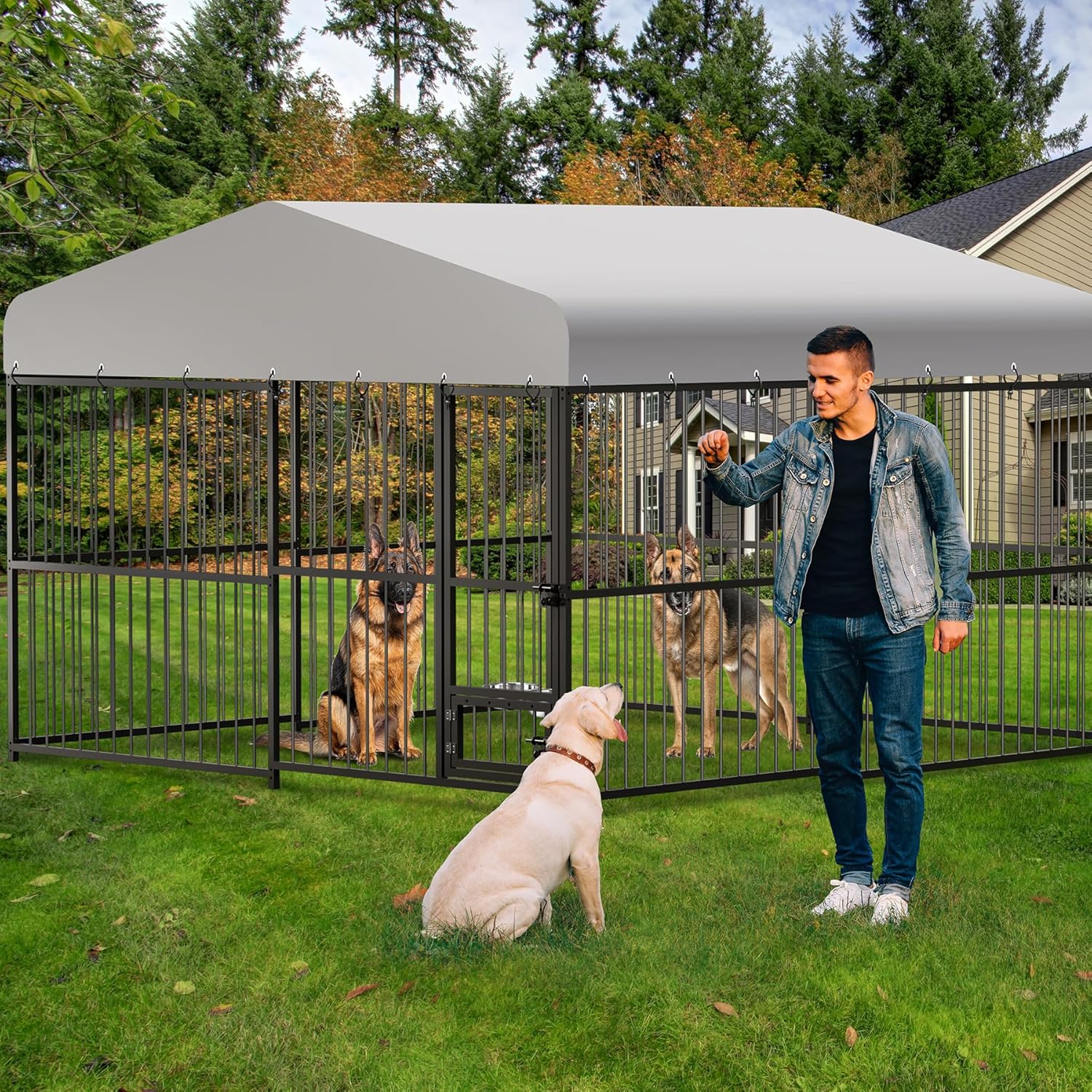 Garvee Large Outdoor Dog Kennel, Heavy Duty Dog Cage with Roof, Dog Kennel Galvanized Iron Dog House with Safety Locks, UV & Water Resistant Proof Cover, for Garden Backyard(10x10x6ft)
