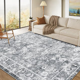 GARVEE Persian Grey 8x10 Washable Area Rug – Vintage Distressed Oriental Floral Low-Pile Non-Slip Non-Shedding Carpet for Living Room, Bedroom, or Office, Soft Thin Traditional Indoor Rug - Gray