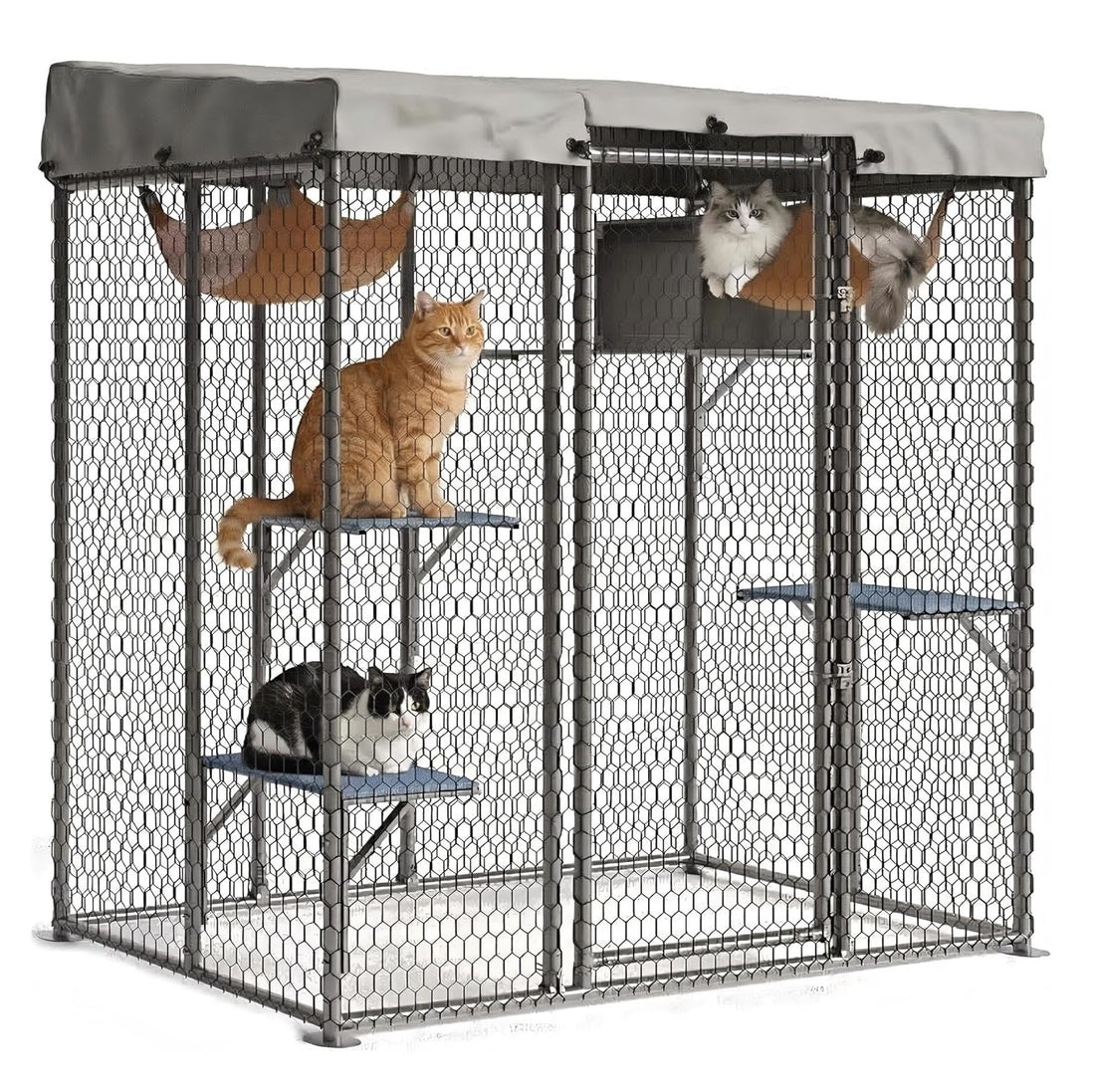 Garvee Large Outdoor Cat House Catio, Walk-In Metal Enclosure with 4 Platforms, Hammock, Weatherproof Canopy, Resting Condo, Spacious Shelter for Multiple Cats, Patio/Yard Use – Size JYCC-X200