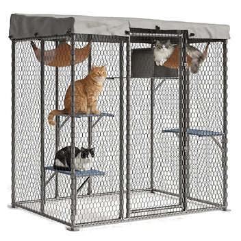 Garvee Large Outdoor Cat House Catio, Walk-In Metal Enclosure with 4 Platforms, Hammock, Weatherproof Canopy, Resting Condo, Spacious Shelter for Multiple Cats, Patio/Yard Use – Size JYCC-X200