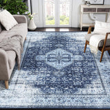 Garvee Vintage Area Rug 5x7 Non Slip Washable Rug Stain Resistant Washable Area Rugs Low Pile Area Rug Soft Rug High Traffic Rugs for Dinning Room Living Room Bedroom Farmhouse, Navy - Blue