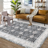 Garvee Oriental Black Grey 4x6 Vintage Distressed Floral Rug, Washable Stain Resistant Non-Slip Boho Farmhouse for Dining Bedroom - Black Gray