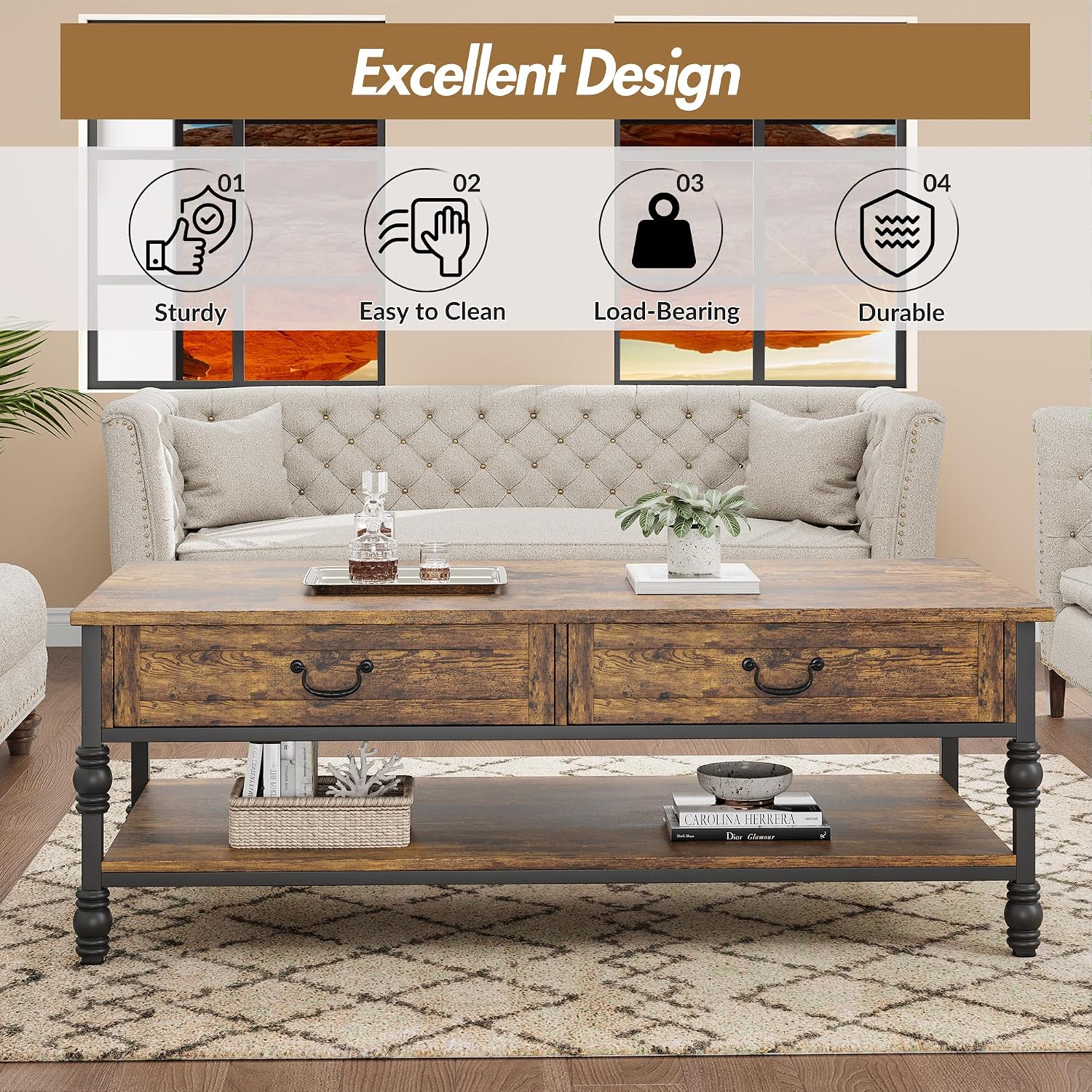 Garvee Vintage Farmhouse Coffee Table with Drawers, 2 Tier Small Wood Coffee Table for Living Room, Rectangular MDF Storage Table with Shelf, Rustic Modern Center Table
