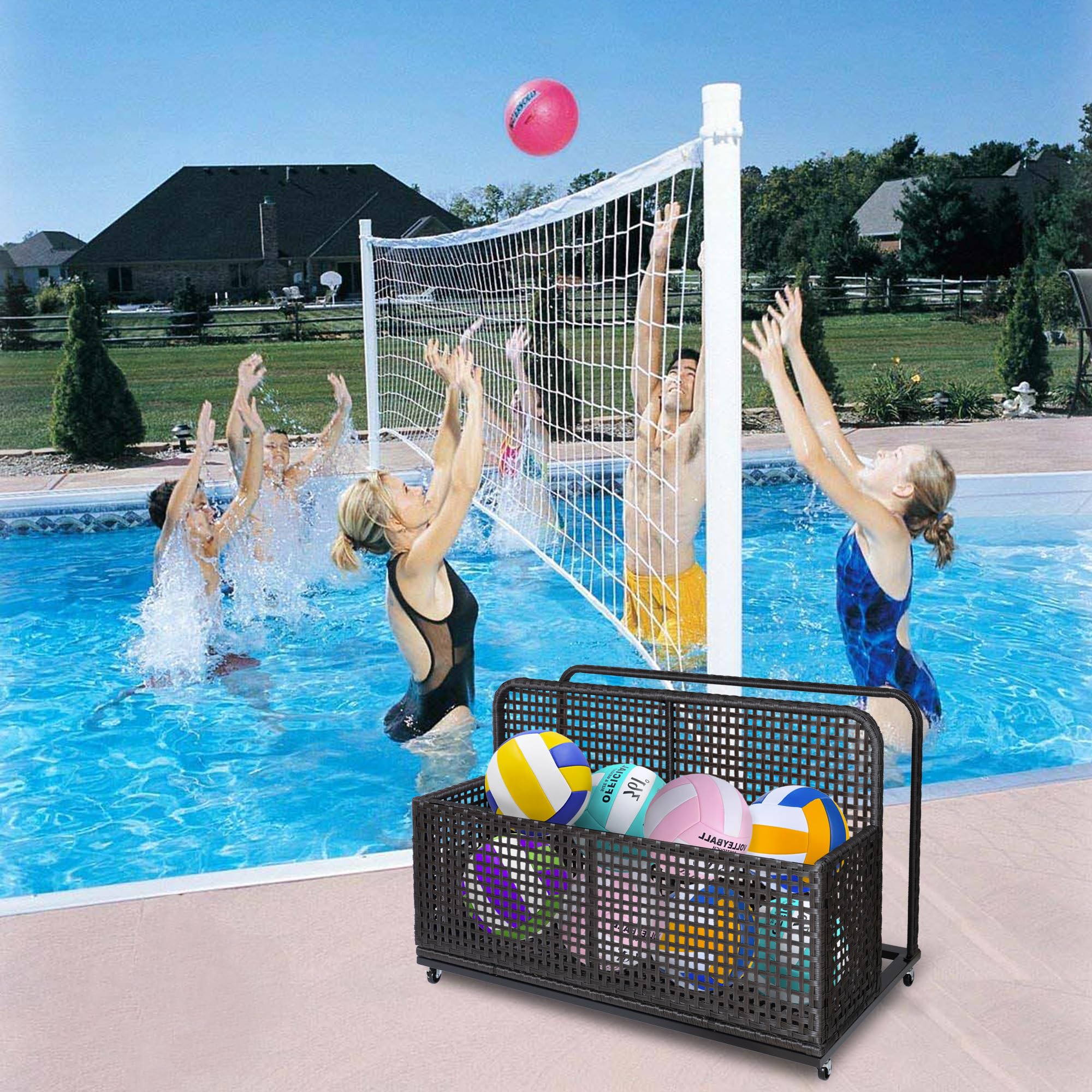 People playing volleyball by a pool with a storage basket nearby.