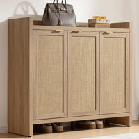 Garvee Boho 47" Rattan Shoe Storage Cabinet with 3 Doors and Adjustable Shelves for Hallway Living Room, Light Oak