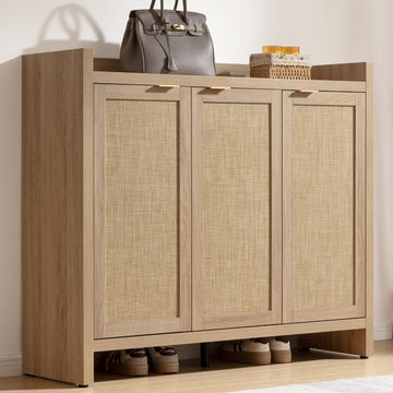 Garvee Boho 47" Rattan Shoe Storage Cabinet with 3 Doors and Adjustable Shelves for Hallway Living Room, Light Oak