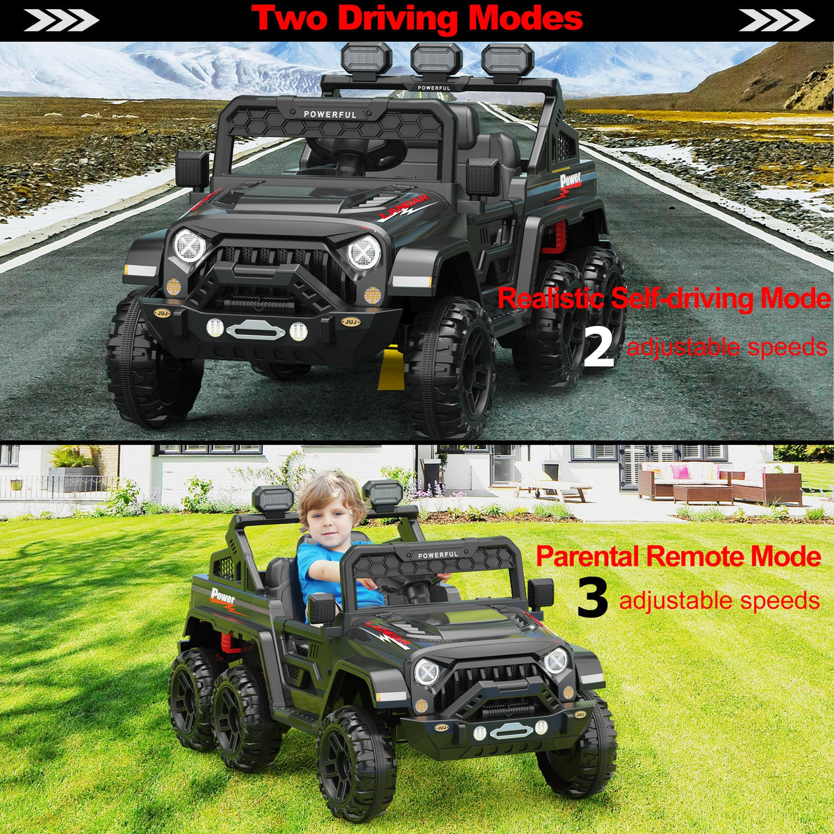 GARVEE Black 24V 4WD kids ride-on car with six EVA wheels