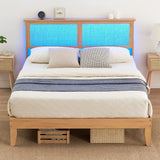 Garvee Boho Queen Size Bed Frame, Rattan Quee Bed Frame with Natural Rattan Headboard, Led Lights, Wooden Support Legs and Slats, Noise-Free, No Box Spring Needed - Natural