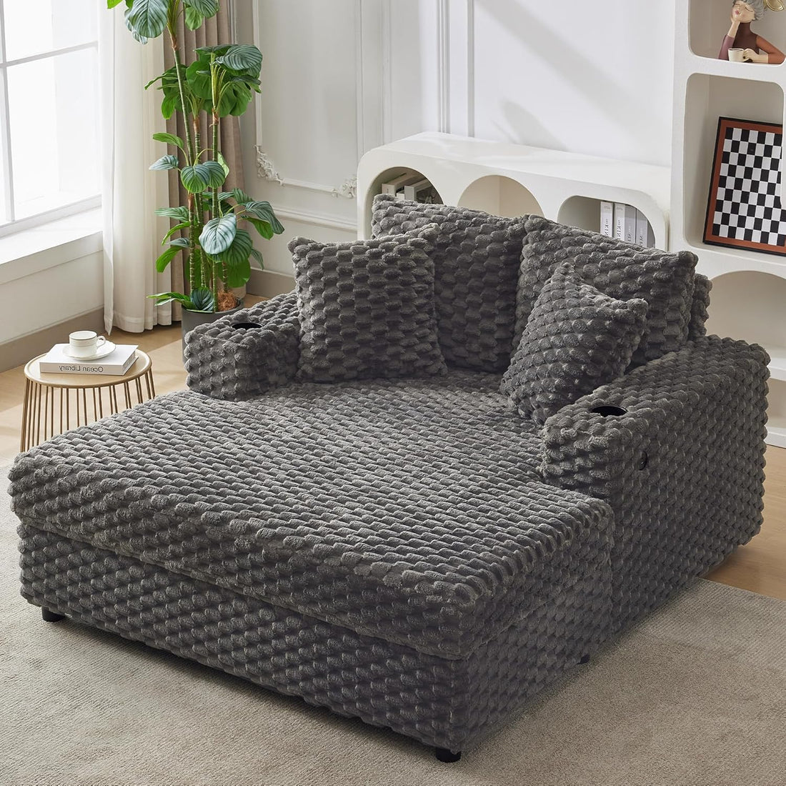 Garvee Oversized Chaise Lounge Chair Indoor, 60 Inch Upholstered Sofa Bed with Throw Pillows and Armrests, Comfy Scalloped Velvet Sleeper Couch for Living Room, Bedroom, Office, Gray