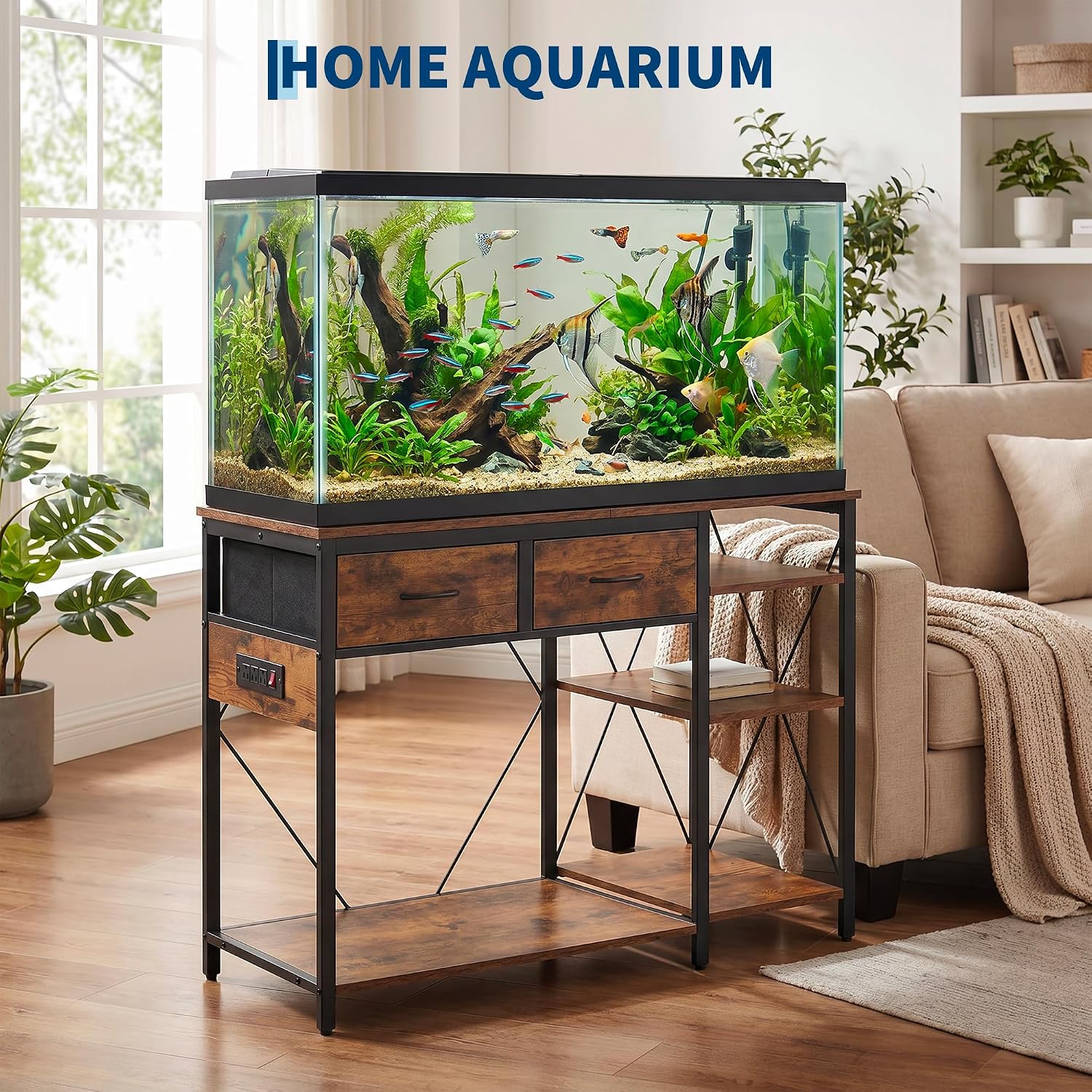 Garvee Fish Tank Stand for 55–75 Gallon Aquariums with Power Outlet - 3-Tier Storage Shelves - Fits Turtle & Reptile Terrariums - 49.2 x 17.7 in Top - Country Brown