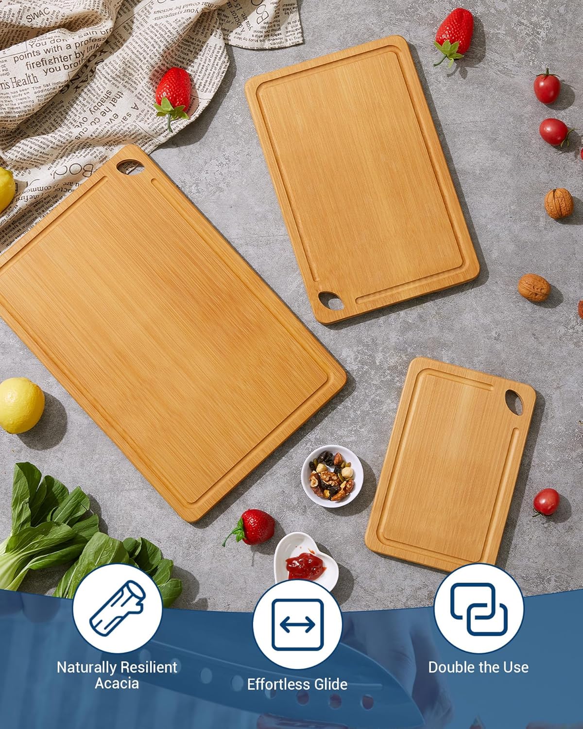Garvee Bamboo Cutting Board Set of 3 - Heavy Duty, Deep Juice Groove, Carbonized Bamboo, Built-in Handles, Multi-Size, Kitchen Prep & Serving