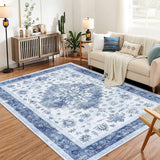 Garvee Large Machine Washable Area Rug Living Room Rugs, 8x10 Soft Indoor Floral Stain Resistant Non Slip Thin Carpet for Under Dining Table Bedroom Nursery Home Office, Blue - Blue