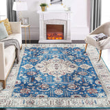 Garvee Machine Washable Rugs 8x10 Large Border Rug Floral Rug Vintage Area Rugs Non Slip Rugs for Living Room Bedroom Floral Woven Rug Carpet Dining Home Office Boho Rug 8x10 - Blue