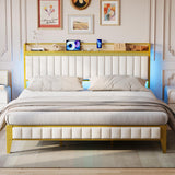 Garvee King Size Modern Platform Bed Frame with Charging Station, LED Lights, Metal Frame, Storage Headboard, White & Gold, No Box Spring Needed, Easy Assembly - White & Gold
