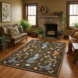 Garvee 5x7 Cat Floral Area Rug, Washable Non-Slip Low Pile Soft Vintage Botanical Animal Rug for Living Room Bedroom Nursery Playroom, Brown - Brown