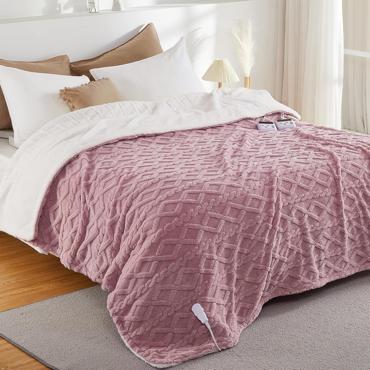 Garvee Electric Blanket Queen Size Dual Control - Thick Tufted Sherpa Heated Blanket Queen with 6 Heating Levels and 20 Time Settings, UL Certified Fast Heating Blanket Queen 84"×90", Dusty Pink