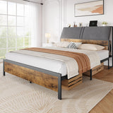 Garvee Full Bed Frame with Charging Station, Metal Platform Bed with Ergonomic Large Storage Headboard, Metal Slats Support, Noise-Free, No Box Spring Needed, Rustic Brown - Rustic Brown