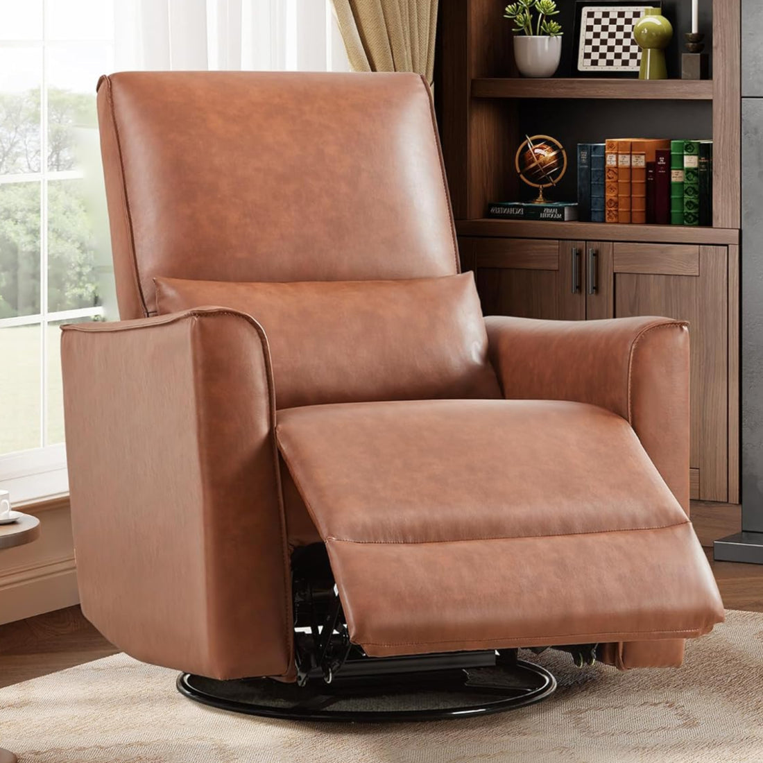 Garvee Swivel Rocking Manual Recliner Chair for Adults, Rocker Recliner Glider Deep Seat PU Leather Sofa Chair with High Backrest for Nursery, Living Room, Bedroom & Home Movie Theater, Brown