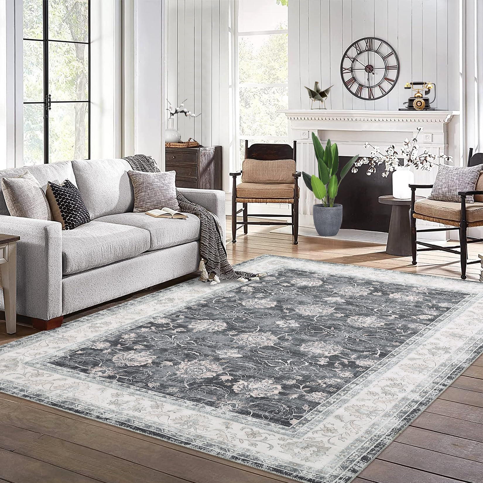 Garvee Oriental Black Grey 4x6 Vintage Distressed Floral Rug, Washable Stain Resistant Non-Slip Boho Farmhouse for Dining Bedroom