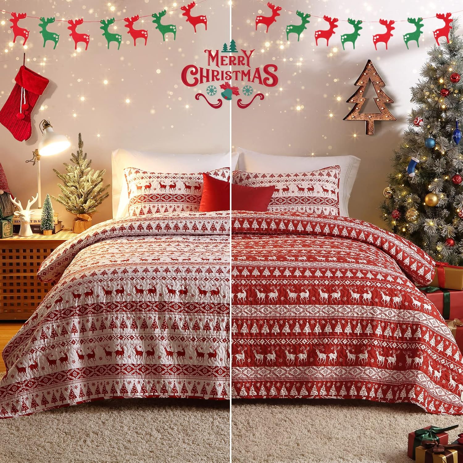 Garvee Christmas Quilt Set King Size - Boho Reversible Bedspread Coverlet Set with Christmas Tree Reindeer Snowflakes Printed Pattern, Soft Lightweight Bohemian Quilt Bedding Cover Set King