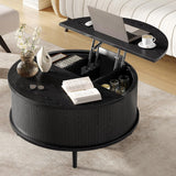 Garvee 31.5 in Round Lift Top Coffee Table with Storage, Fluted Drum Wood Center Table with Hidden Cabinets, Modern Farmhouse/Mid-Century for Living Room & Small Spaces - Color: Black - Black