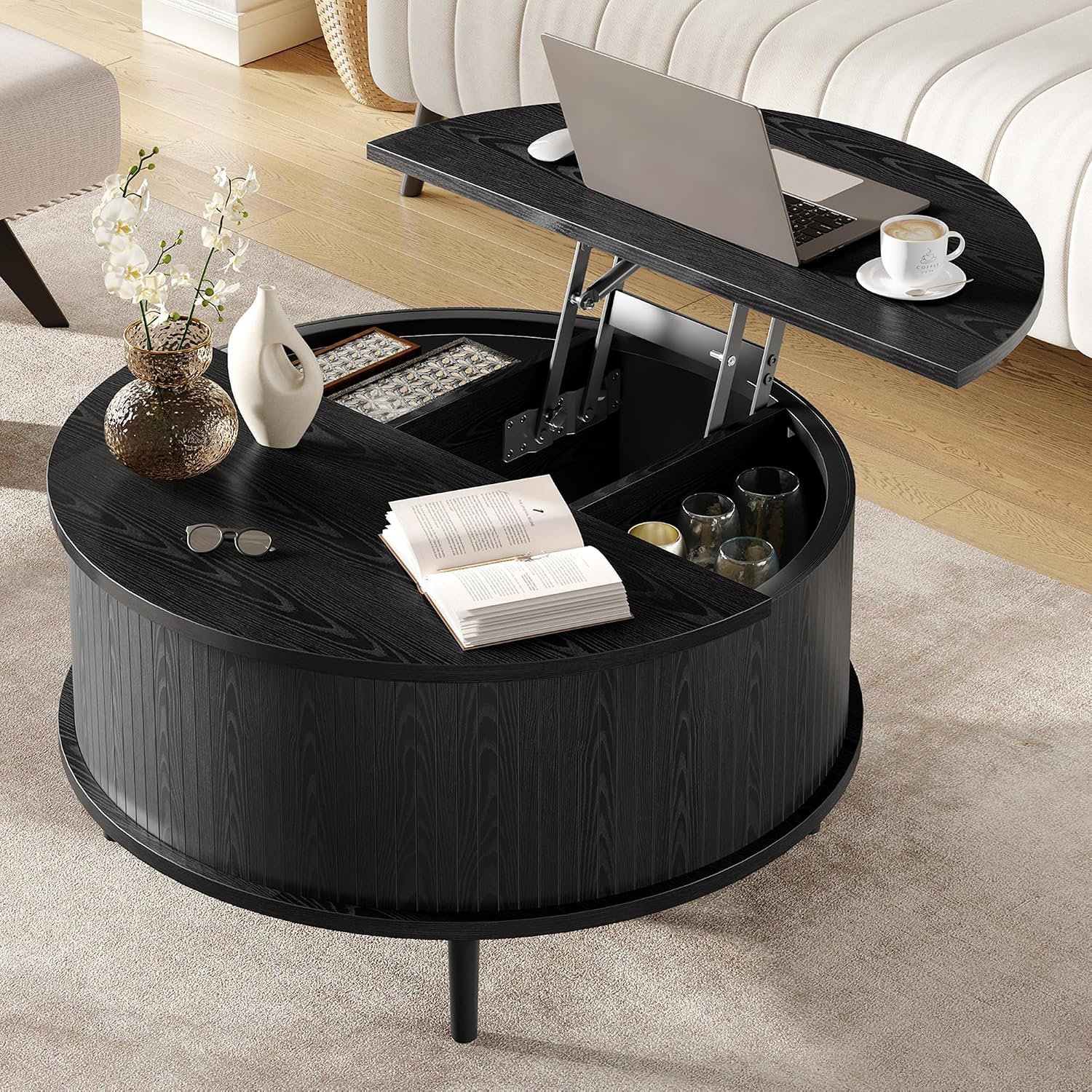 Garvee 31.5 in Round Lift Top Coffee Table with Storage, Fluted Drum Wood Center Table with Hidden Cabinets, Modern Farmhouse/Mid-Century for Living Room & Small Spaces - Color: Black