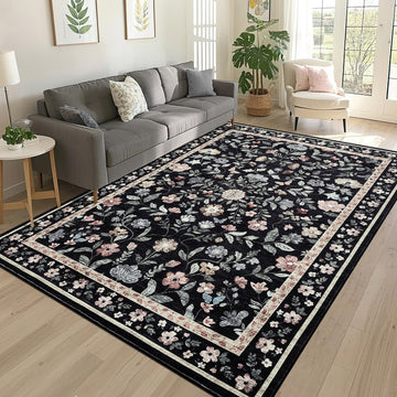 Garvee Floral 8x10 Black Washable Area Rug Non-Slip Non-Shedding Soft Vintage Living Room Rug, Low Pile Farmhouse Floral Carpet, Non-Shedding Foldable Printed Rug for Home Office Kids Playroom