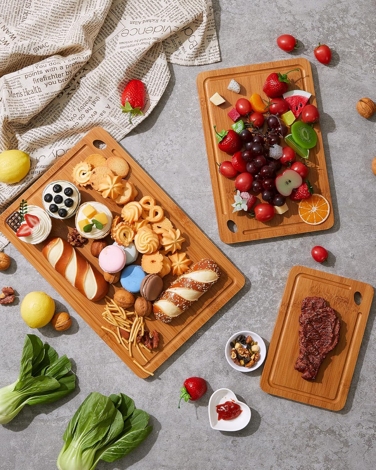 Garvee 3-Piece Deep Carbonized Bamboo Cutting Board Set with Holder – Multi-Size Butcher Block for Kitchen, Deep Juice Grooves, Built-in Handles, Chopping Boards for Vegetables, Fruit, meat and cheese board board (15x10, 12x8, 9x6 Inch) – Deep carbonized