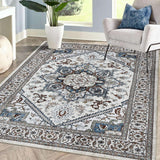 Garvee Vintage Washable Bohemian Floral Rug 5x7 - Grey, Low-Pile, Non-Slip, Indoor Use, Flannel Fibers, Rubber Backing, Ideal for Living Room, Bedroom, Farmhouse - Tan & Ivory