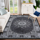 Garvee Vintage Area Rugs, Washable Rug for Living Room, Floral Print Rug, Vintage Rug Distressed Indoor Traditional Mat, Foldable Thin Rug, Non Slip Carpet for Bedroom, Dining Room, Home Office - Black