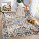 Garvee Washable Area Rug 10x13 Large Washable Floral Rug Vintage Area Rug Non-Slip Rug Non-Shedding Stain Resistant, Washable Floral Blue Carpet for Dining Room Nursery Home Office Indoor Decor - Beige Blue