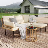 Garvee 3-Piece All-Weather Wicker Patio Furniture Set, Outdoor Sectional L-Shaped Sofa With Washable Cushions and Tempered Glass Coffee Table for Deck, Poolside, Backyard - Beige