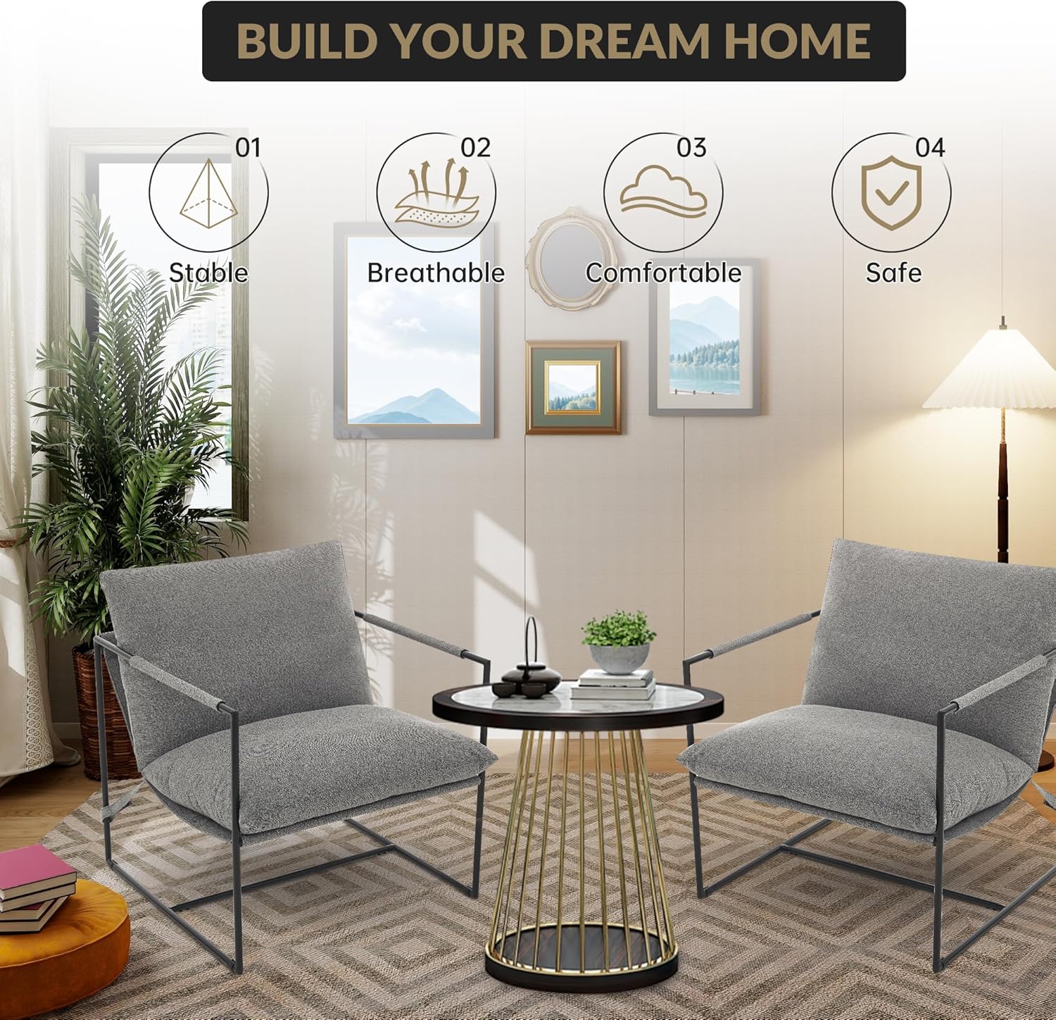 Garvee Modern Accent Chair, Comfy Living Room Chair with Metal Frame, Linen Armchair with Soft Cushion, Cozy Linen Sling Accent Chair for Bedroom Balcony Reading Room, Light Gray