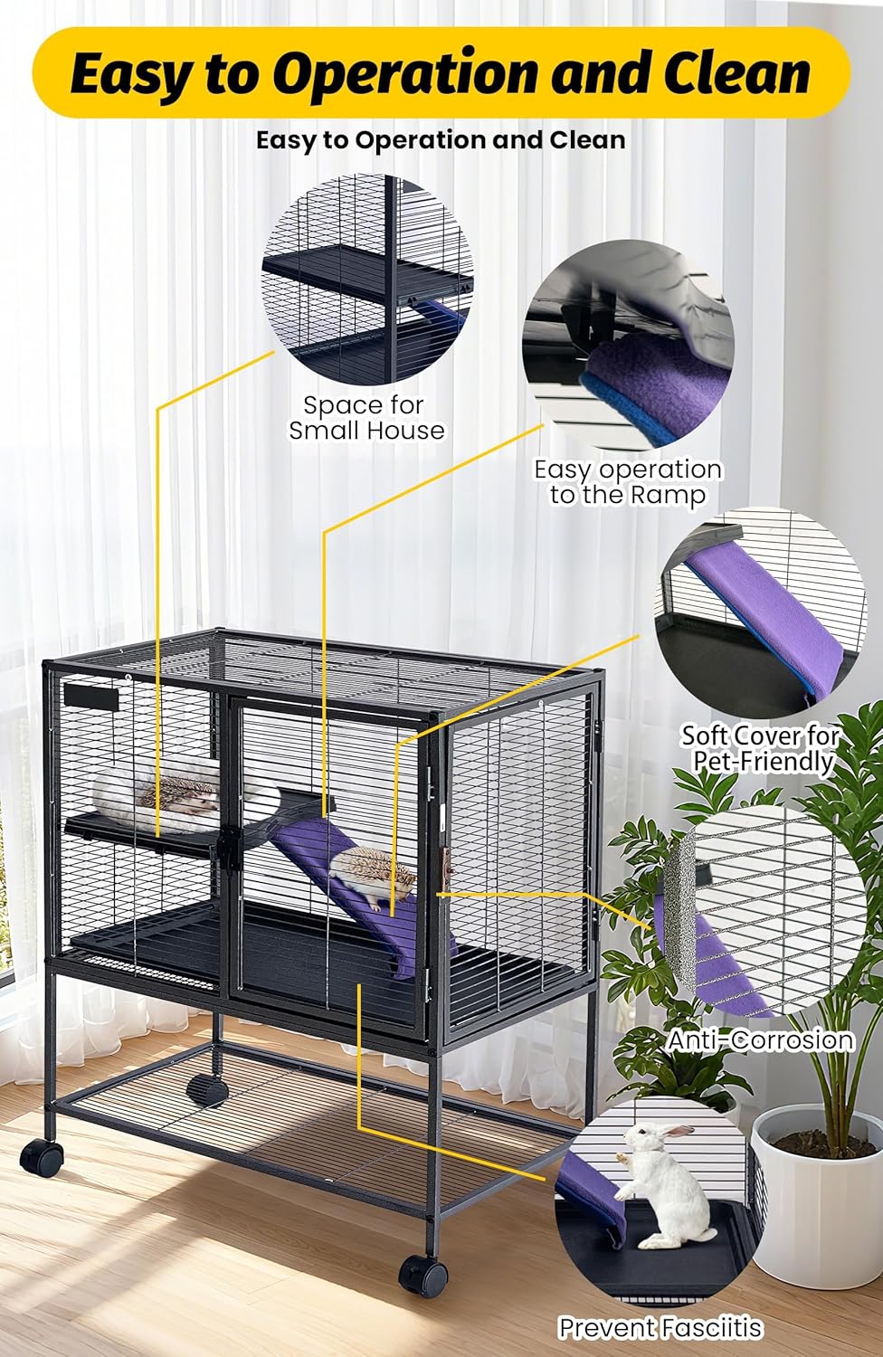 Garvee 34in Multi-Level Metal Small Animal Cage with Removable Tray & Lockable Doors, BPA-Free Wire, Soft Ramps & Hammock, Wheels & Storage Shelf, Indoor Use for Ferrets & Rabbits