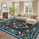Garvee Floral 9x12 Area Rugs Washable Non Slip Vintage Floor Rugs for Living Room Bedroom Black - Black