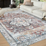 Garvee Washable Rug 6x9 Medallion Rug Vintage Floral Print Carpet Oriental Distressed Floor Cover for Living Room Bedroom Home Office Non-Slip Foldable Thin Rug Low Pile Accent Boho Rug, Rust - Brown & Khaki