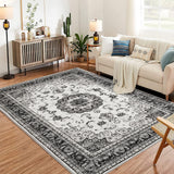 Garvee Washable Vintage Area Rug - 8x10 Traditional Oriental Medallion Floral Design, Stain Resistant Indoor Print Carpet for Entryway Bedroom Living Room Office Kitchen, Kid & Pet Friendly - Gray